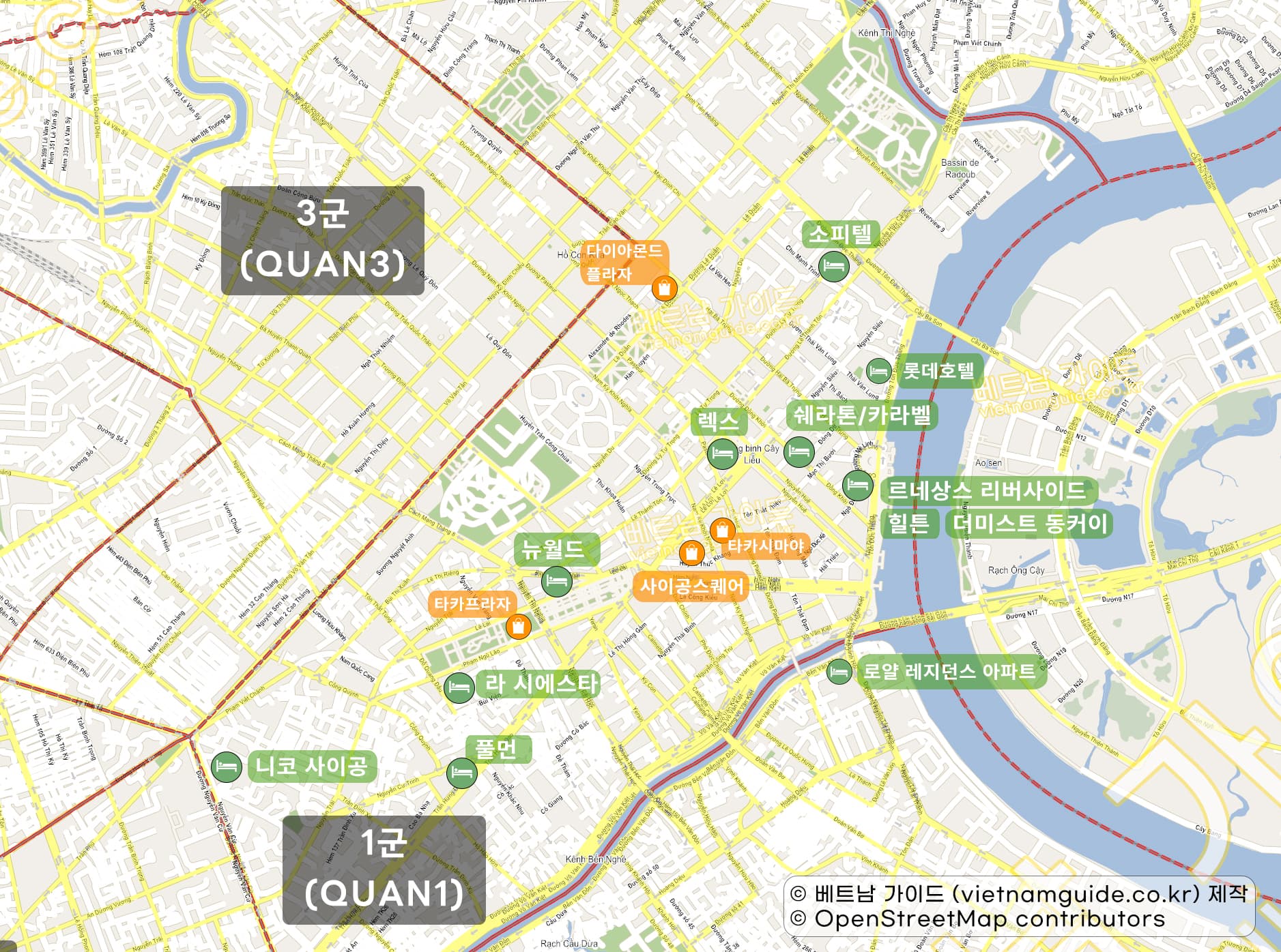 호치민 1군의 인기 호텔을 표시한 지도 이미지