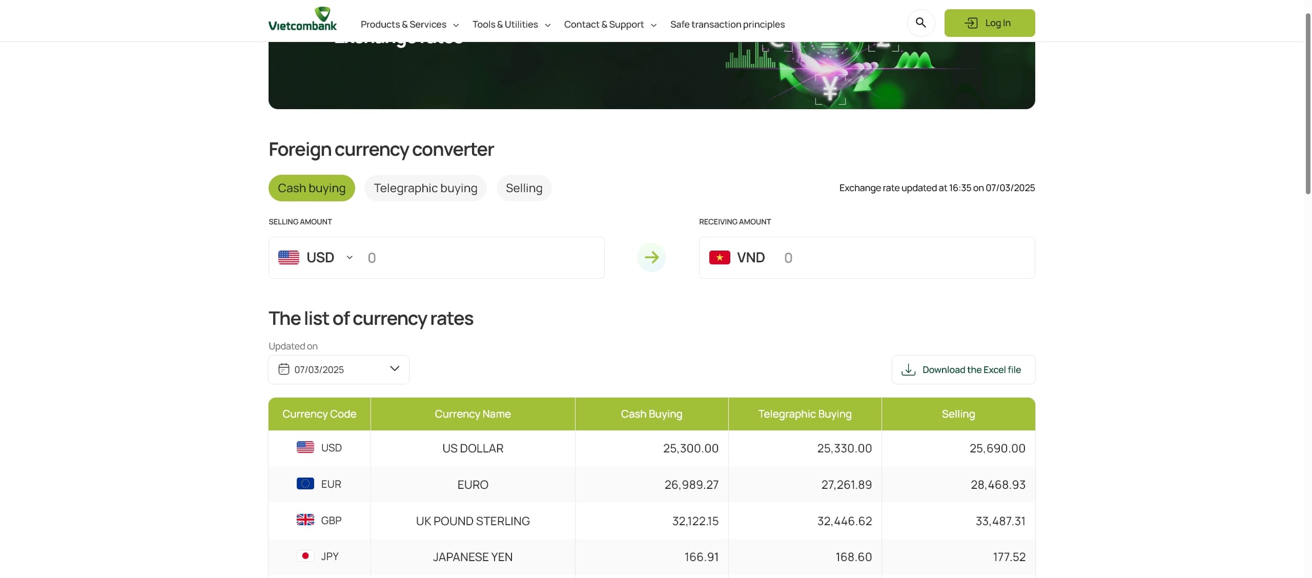 베트남 은행 Vietcom Bank의 미국 달러와 베트남 동을 계산하는 이미지
