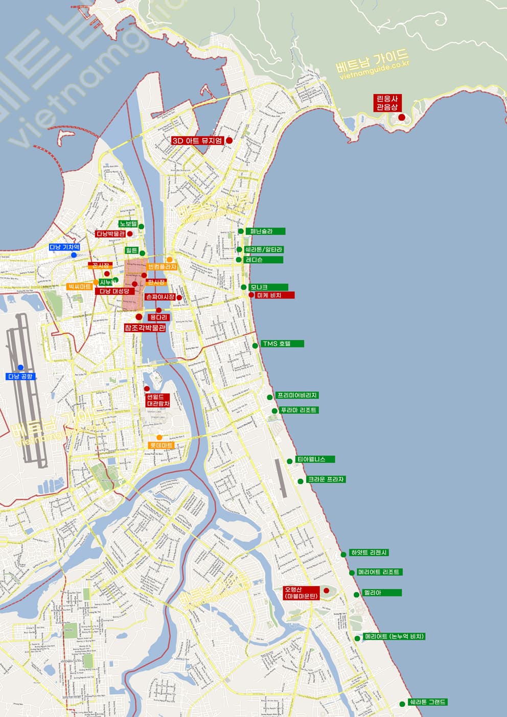 다낭 호텔 및 리조트 위치를 표시한 지도 이미지