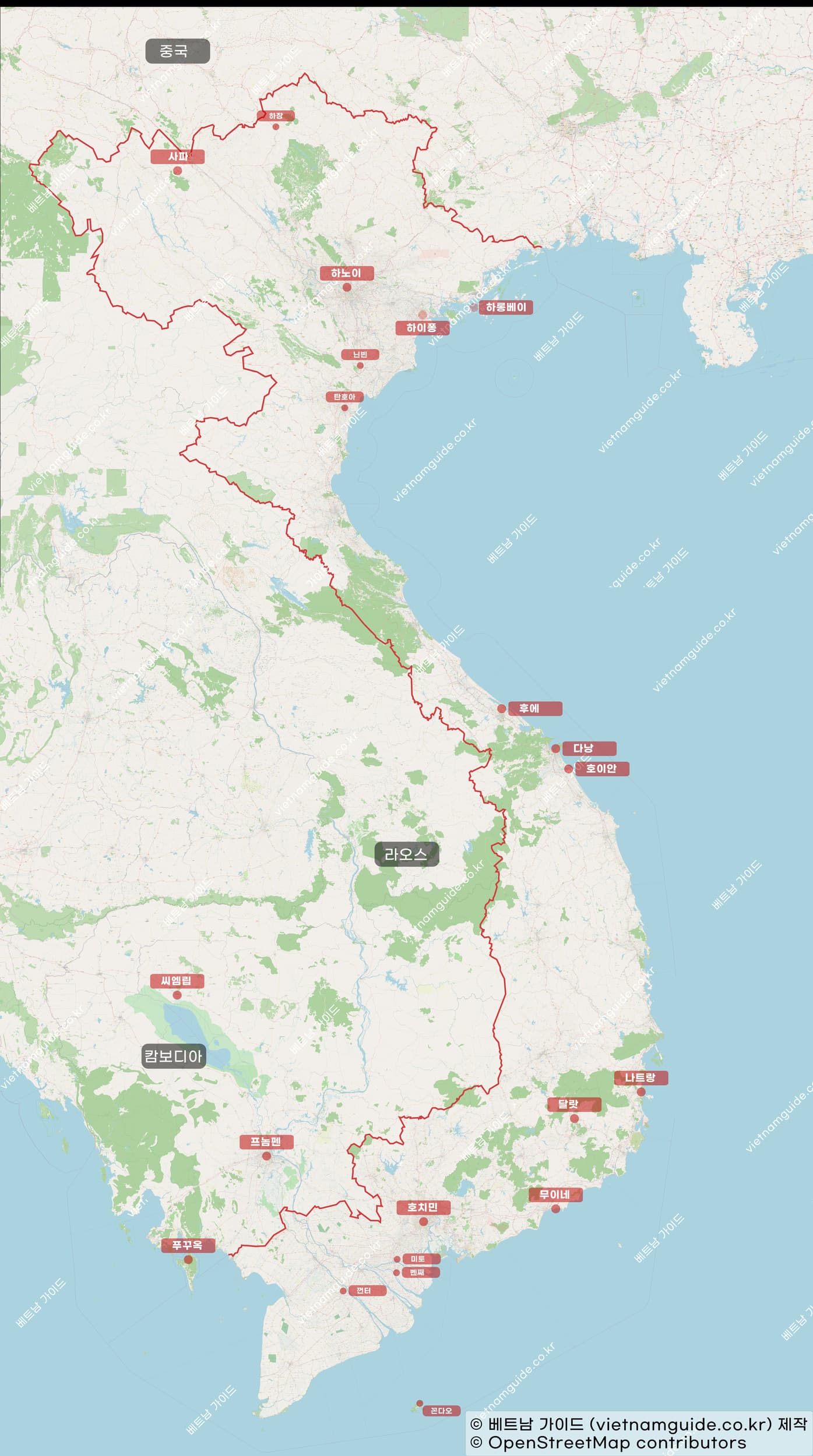 베트남 전국의 대도시를 표시한 베트남 지도 이미지