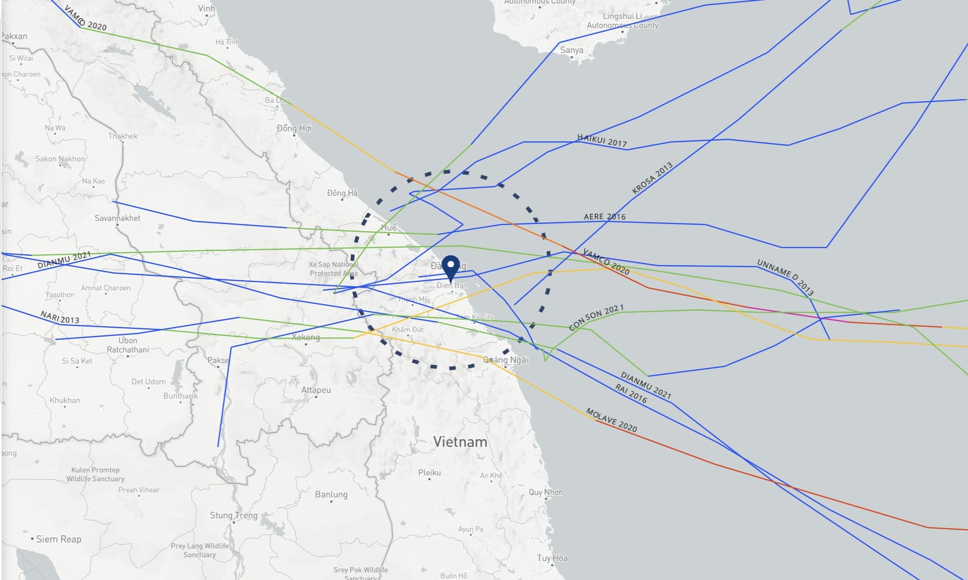 2012년부터 2022년까지 다낭에 영향을 준 태풍의 이동 경로 및 회수를 나타낸 사진