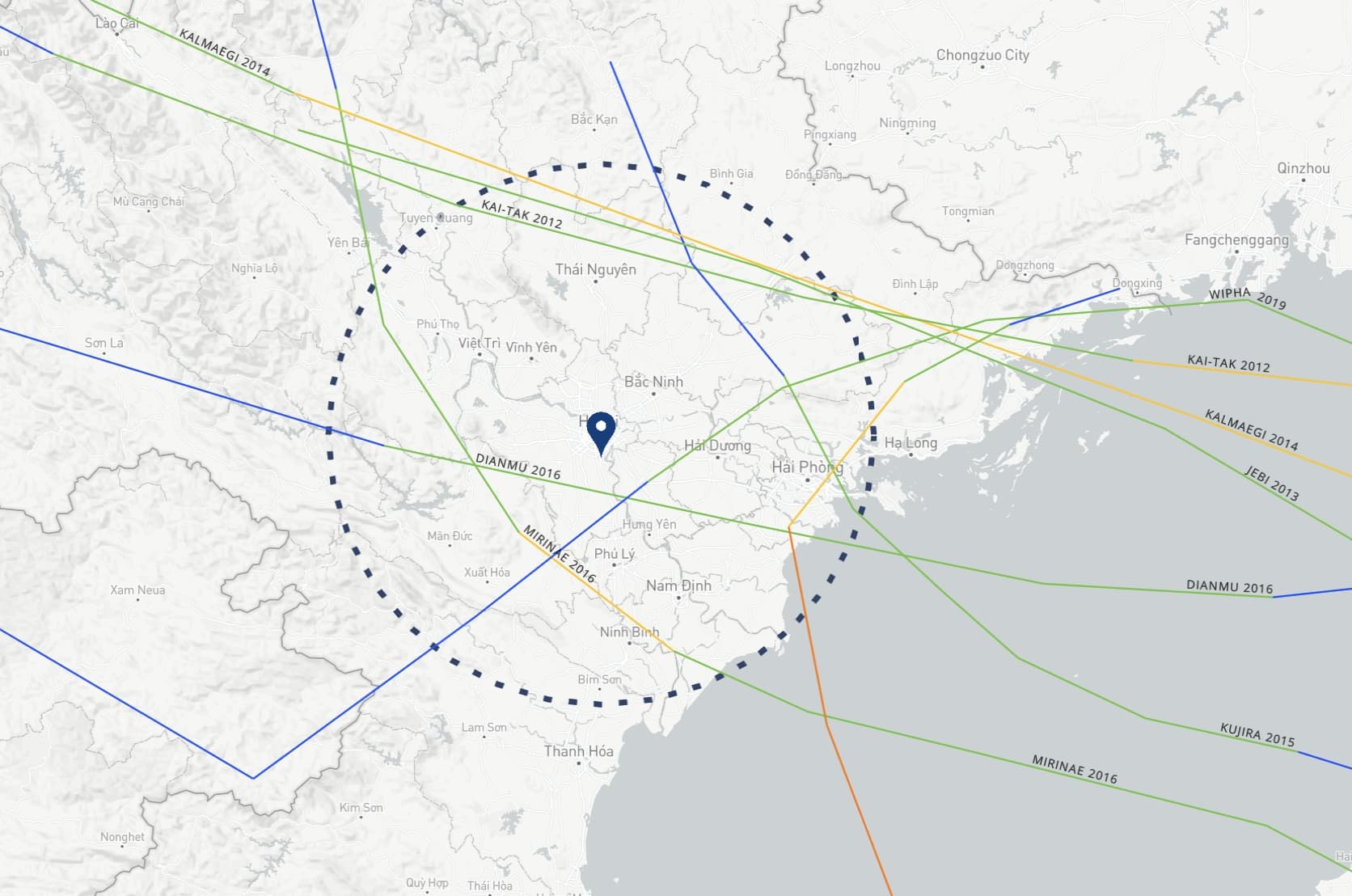 2012년부터 2022년까지 하노이에 영향을 준 태풍의 이동 경로 및 회수를 나타낸 사진