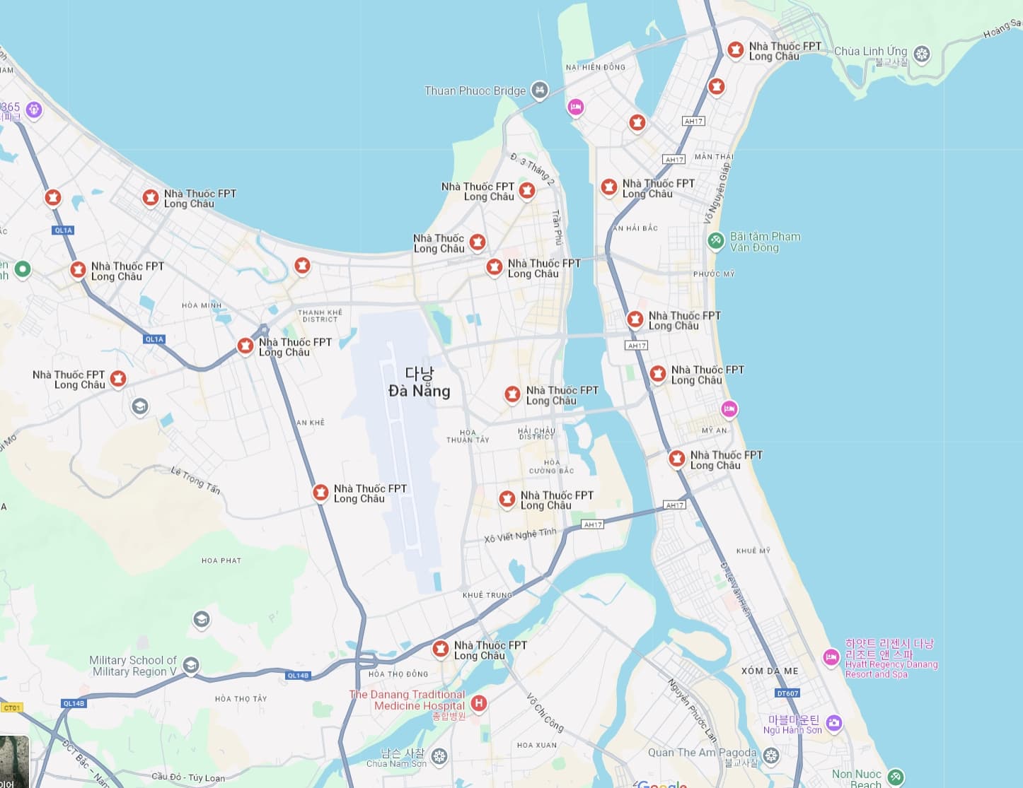 다낭에서 Long Chau 약국을 구글 지도에 검색한 이미지