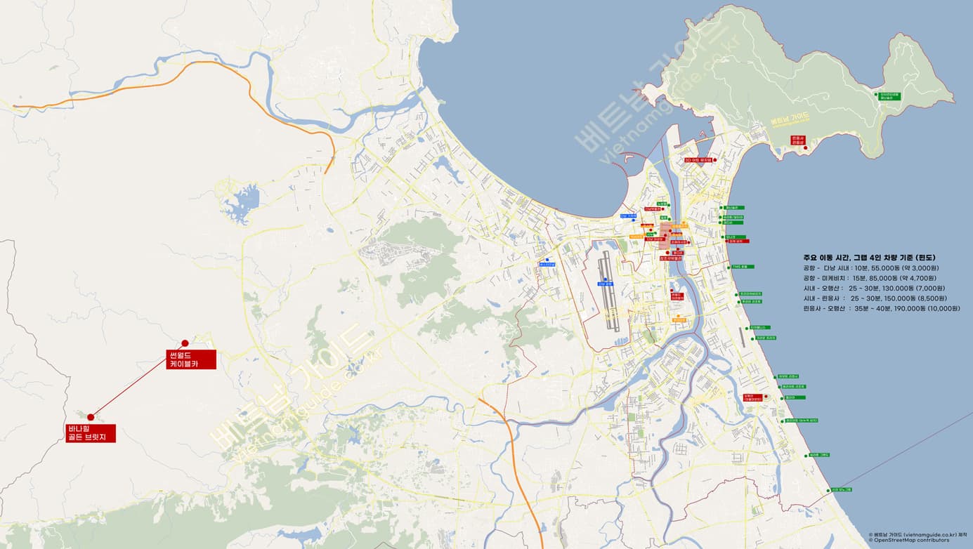 다낭 시 전체의 주요 관광지와 리조트 및 호텔을 표시한 고화질 지도 이미지 