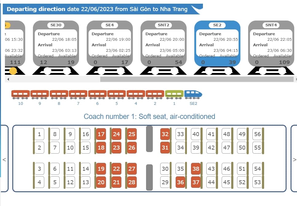 호치민에서 나트랑까지 기차로 이동 시 기차표 예매 사이트의 화면 사진