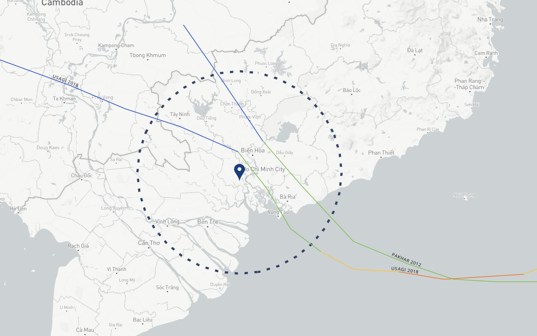 2012년부터 2022년까지 호치민에 영향을 준 태풍의 이동 경로 및 회수를 나타낸 사진