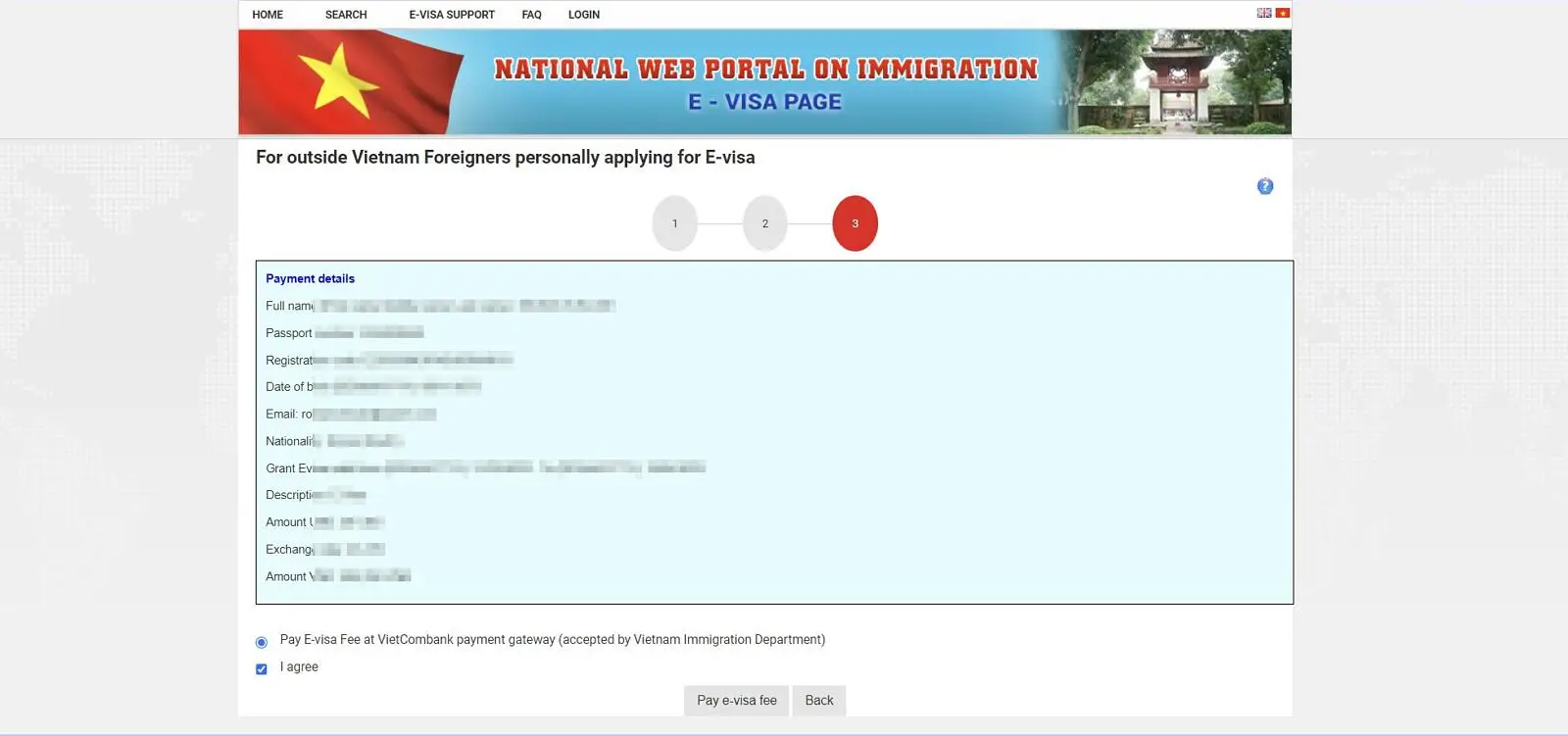 ベトナムE-visa申請過程中の決済画面