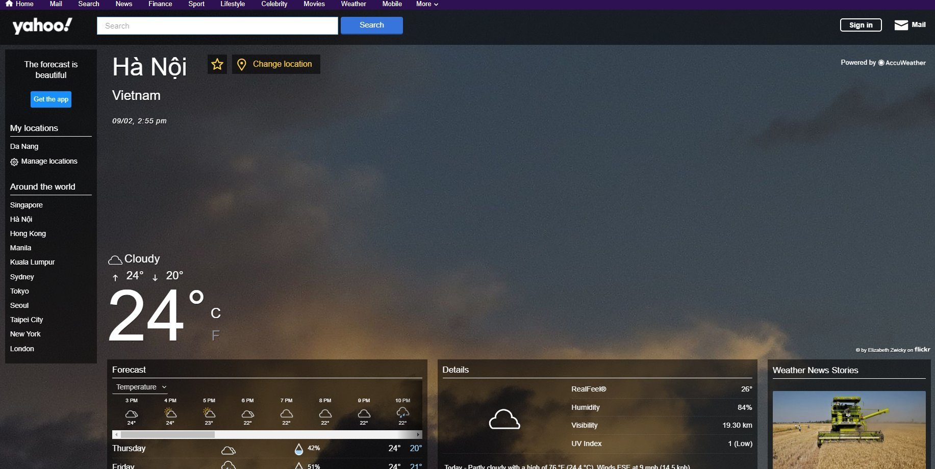 Yahoo Weather interface showing temperature units